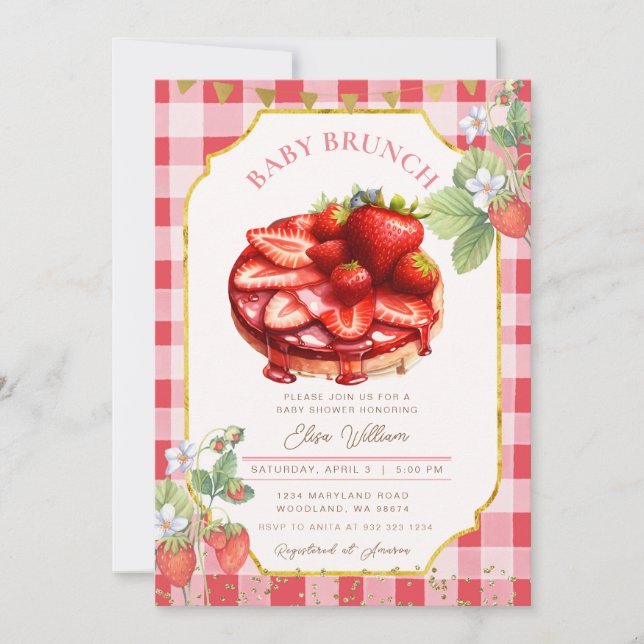 Convite Baby Brunch Strawberry Fruta Pancake (Frente)