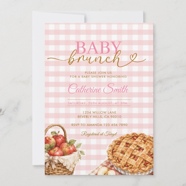 Convite Baby Brunch Torta de Maçã Baby Shower Gingham (Frente)