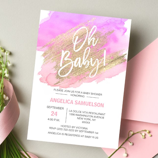 Convite BABY! Chá de fraldas rosa Dourado com aquarela (OH BABY! Watercolor Gold Pink Purple Baby Shower Invitation.  Modern & trendy invites for baby girl)