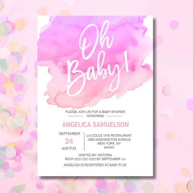 Convite BABY! Chá de fraldas Rosa Rosa Pêssego de Aquarela (OH BABY! Watercolor Peach Pink Purple Baby Shower Invitation)