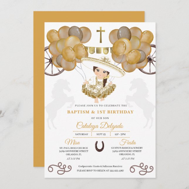Convite Baby Charra Dourado Balões Mexicanos Batismo (Frente/Verso)