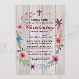 Convite Baby Christening Baptism Floral Cross Wood Convida