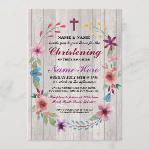 Convite Baby Christening Baptism Floral Cross Wood Convida