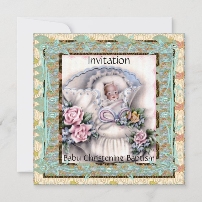 Convite Baby Christening Baptism Teal Vintage (Frente)