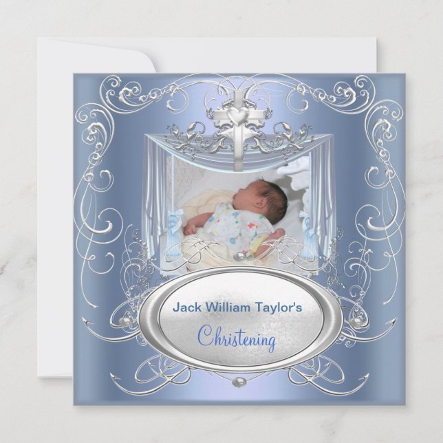 Convite Baby Christening Boy Blue Silver Cross (Frente)