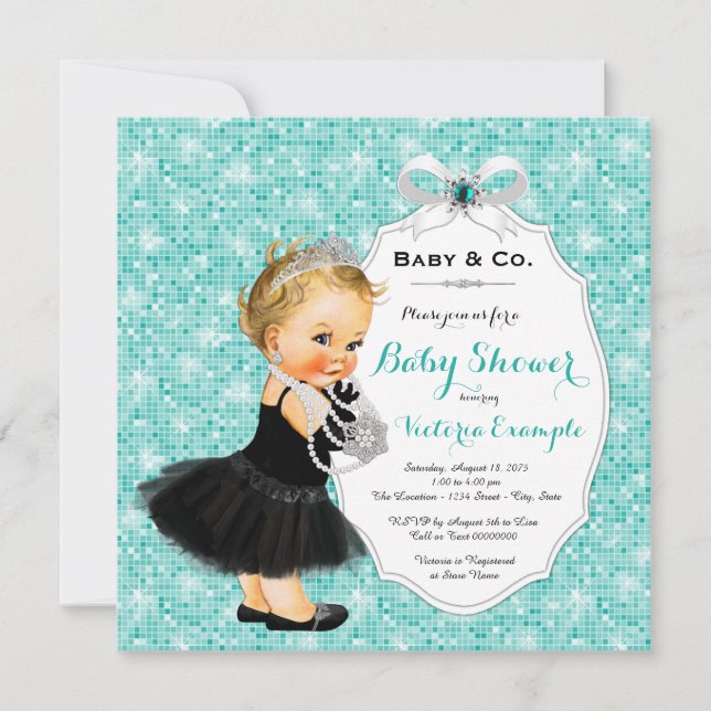 Convite Baby & Co Preto Azul Turquesa Chás de Bebê (Frente)