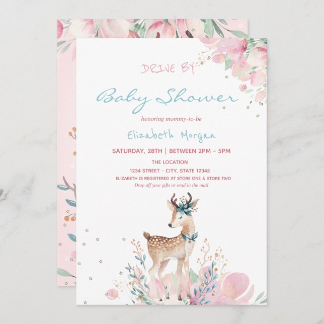 Convite Baby Deer Floral Drive Por Chá de fraldas (Frente/Verso)