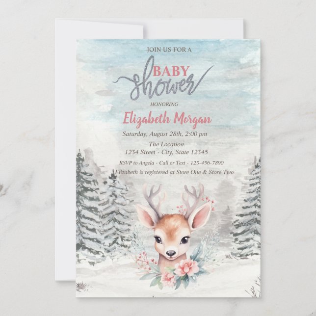 Convite Baby Deer Flower Forest Snow Baby Shower   (Frente)