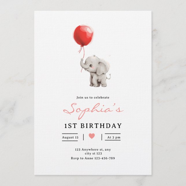 Convite Baby Elephant Birthday Invite, Kids 1st Birhday (Frente)
