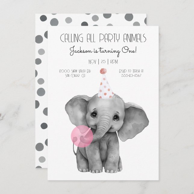 Convite Baby Elephant black and white Birday (Frente/Verso)
