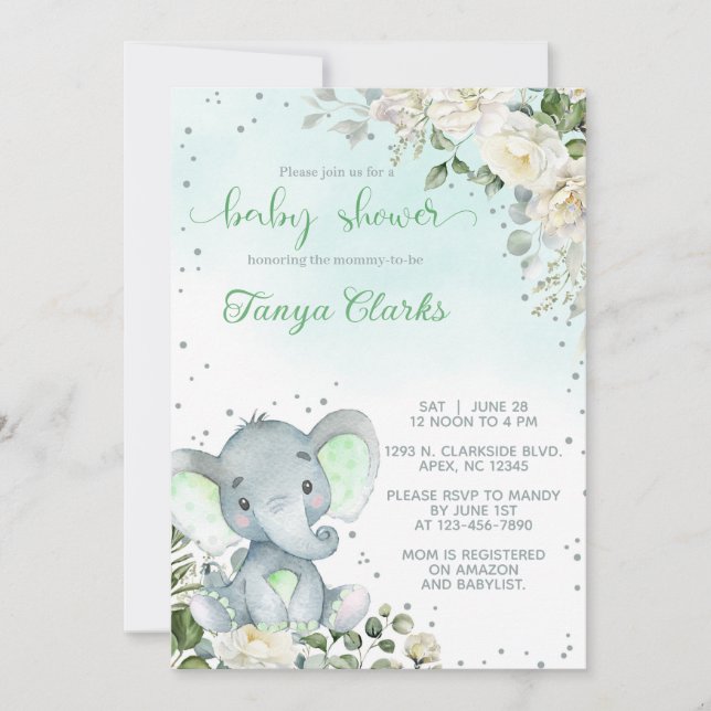 Convite Baby elephant & green flowers girl baby shower. (Frente)