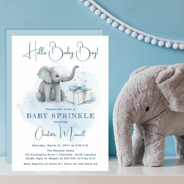 Convite Baby Elephant Hello Baby Boy Blue Baby Sprinkle (Criador carregado)