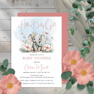 Convite Baby Elephant Hello Baby Girl Floral Chá de fralda