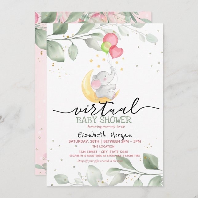 Convite Baby Elephant Moon Balões Virtuais (Frente/Verso)