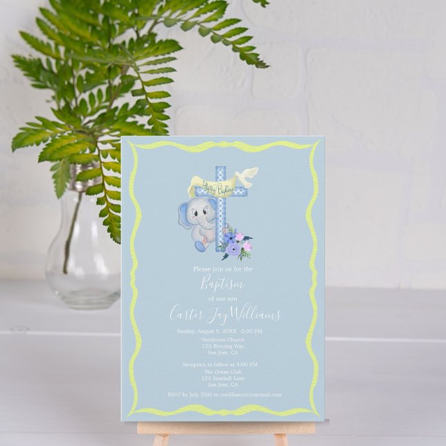 Convite Baby Elephant with Cross and Dove Baptism Card (Criador carregado)