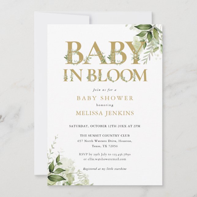 Convite Baby em Flor Gold Greenery Baby Shower (Frente)
