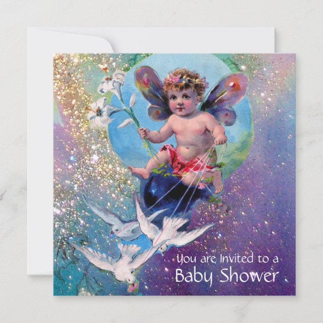 Convite BABY FAIRY COM DOVAS EM SPARKLES Pearl Shimmer (Frente)