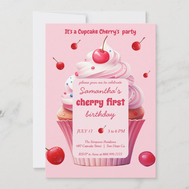 Convite Baby First Cherry & Cupcake Festa de aniversário (Frente)