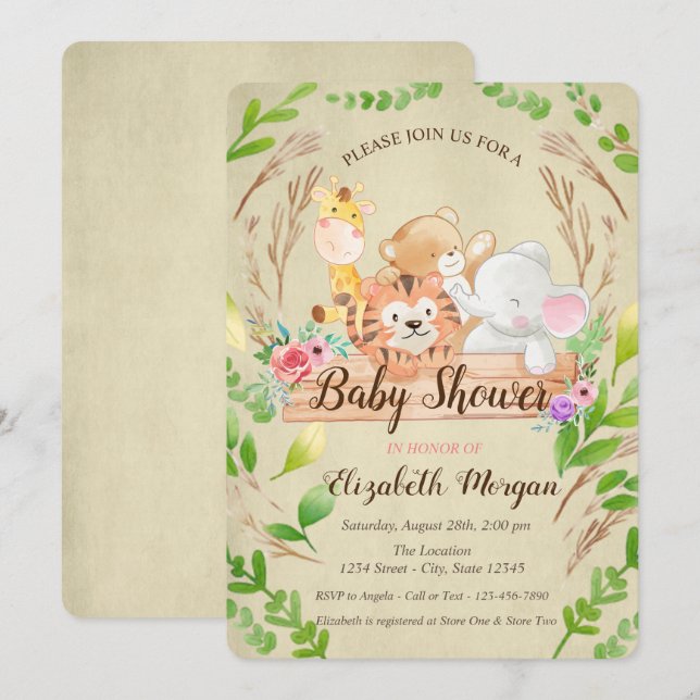 Convite Baby Giraffe,Elefante,Urso,Chá de fraldas Folha de (Frente/Verso)