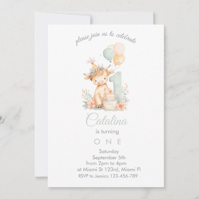 Convite Baby Girl 1st Birthday highland cow (Frente)