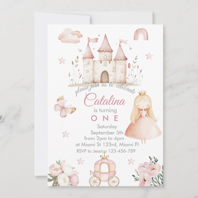 Convite Baby Girl 1st Birthday Princess Invitation (Frente)