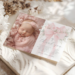 Convite Baby Girl Baptism Photo Floral Bow Thank you Card