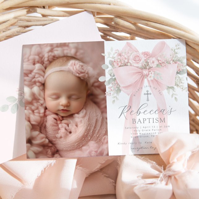 Convite Baby Girl Baptism Photo Floral Eucalyptus Bow (Criador carregado)