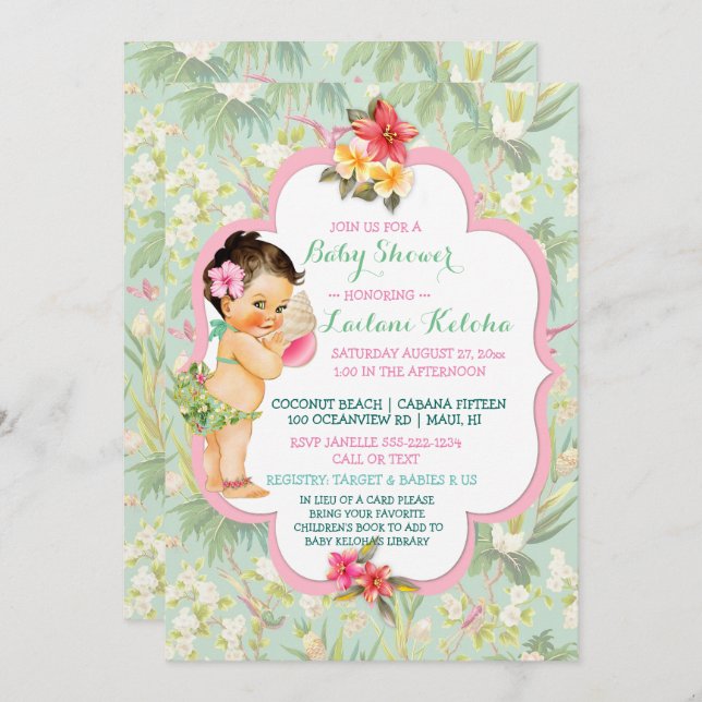 Convite Baby Girl Bikini Tropical Luau Hawaiian Shell (Frente/Verso)