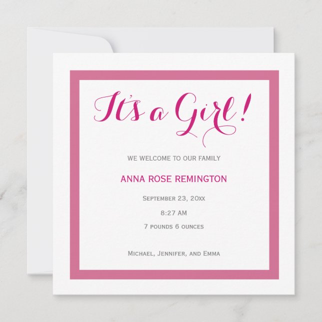 Convite Baby Girl Birth Anunciando Estilo Clássico Rosa A2 (Frente)