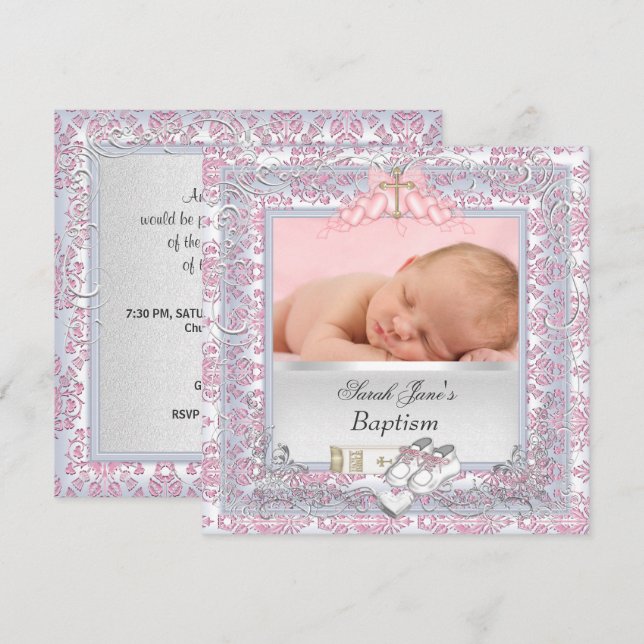 Convite Baby Girl Christening Baptism White Pink (Frente/Verso)