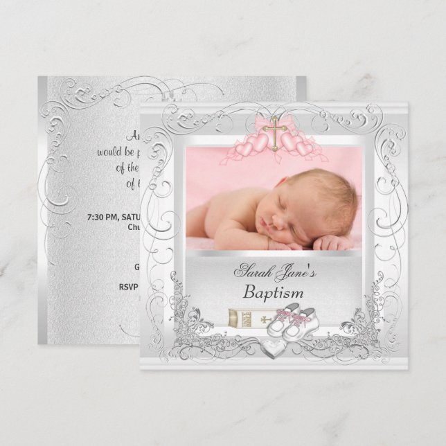 Convite Baby Girl Christening Baptism White Pink (Frente/Verso)