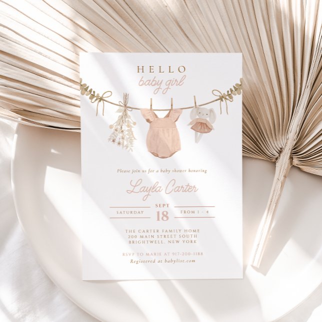 Convite Baby Girl Clothline Blush Pink Boho Chá de fraldas (Criador carregado)