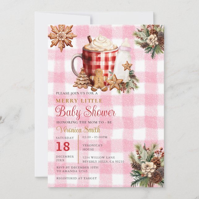 Convite Baby Girl Gingham A Merry Little Baby Shower  (Frente)