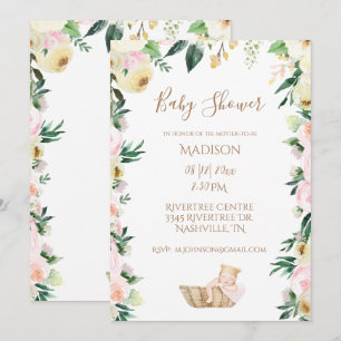 Convite Baby Girl Link Floral Script Elegante Chá de fral