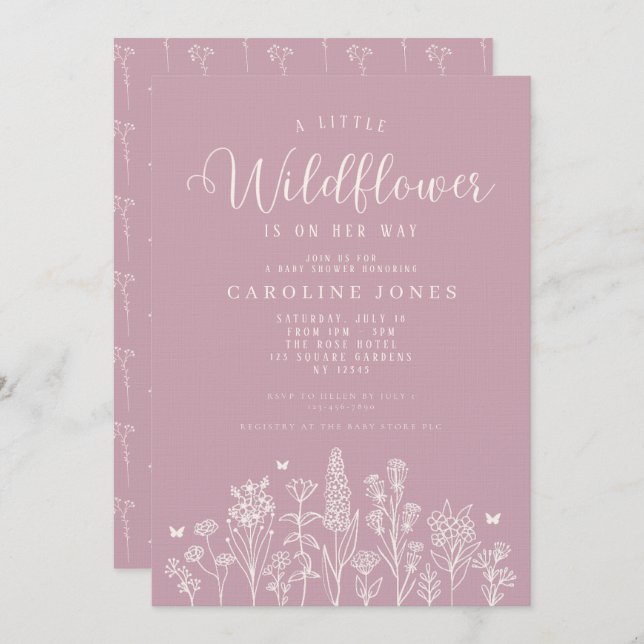 Convite Baby Girl Little Wilflower Pink Chá de fraldas (Frente/Verso)