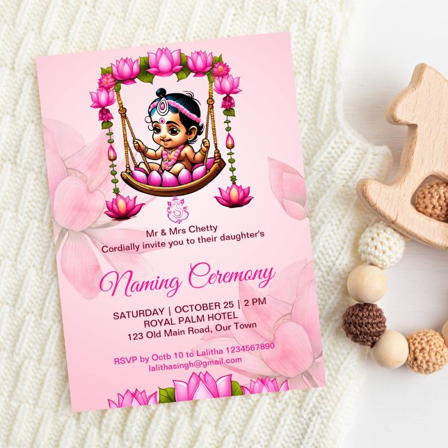 Convite Baby Girl Naming Namkaran Cradle Ceremony (Pink lotus baby girl namkaran cradle ceremony Indian baby naming editable template invitation)