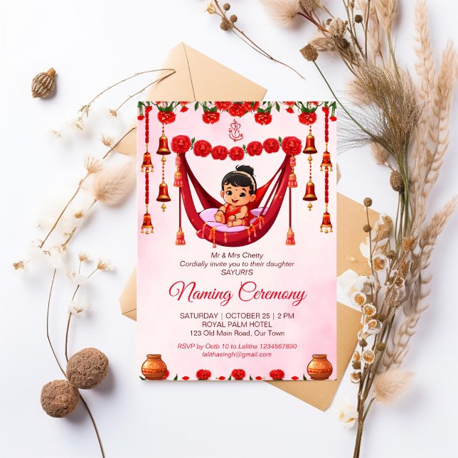 Convite Baby Girl Naming Namkaran Cradle Ceremony (Baby Girl Naming Namkaran Cradle Ceremony editable template Invitation cute Indian baby red and gold)