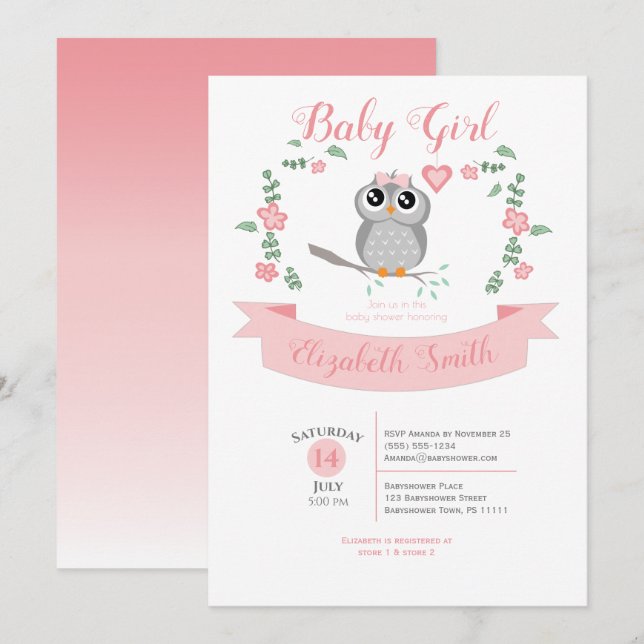 Convite Baby Girl owl bear babyshower (Frente/Verso)