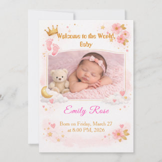 Convite Baby Girl Photo Announcement Card Pink Floral