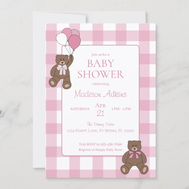 Convite Baby Girl Pink and White Teddy Bear Baby Shower (Frente)
