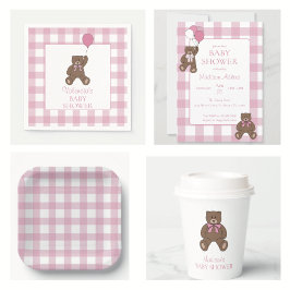 Convite Baby Girl Pink and White Teddy Bear Baby Shower