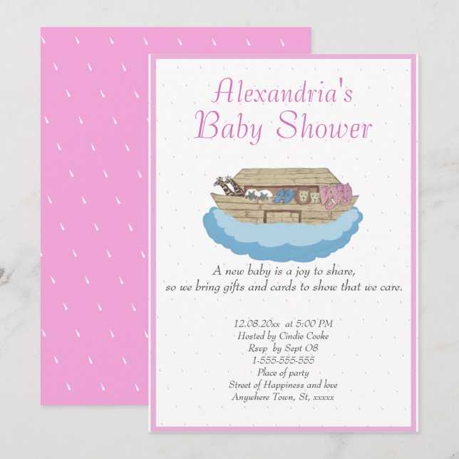 Convite Baby Girl Pink Noah's Ark Chá de fraldas Invitatio (Frente/Verso)