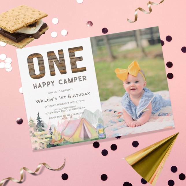 Convite Baby Girl Rustic One Happy Camper Birday (Criador carregado)