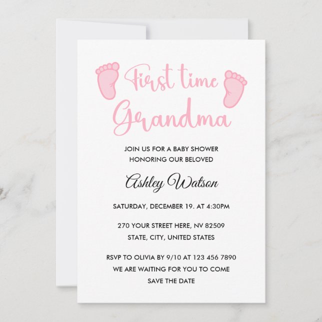 Convite Baby Girl Shower First Time Grandma (Frente)