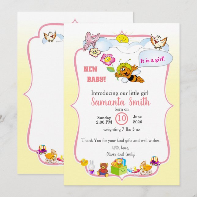 Convite baby girl shower invitation with a cute bee (Frente/Verso)