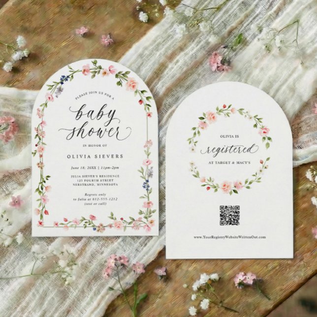 Convite Baby Girl Shower Pink Watercolor Floral Arch (Baby girl shower invitation with pink watercolor floral arch and elegant script text)