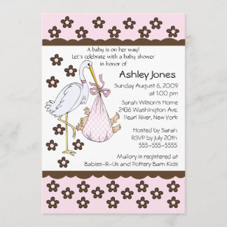 Convite Baby Girl Stork Baby Shower