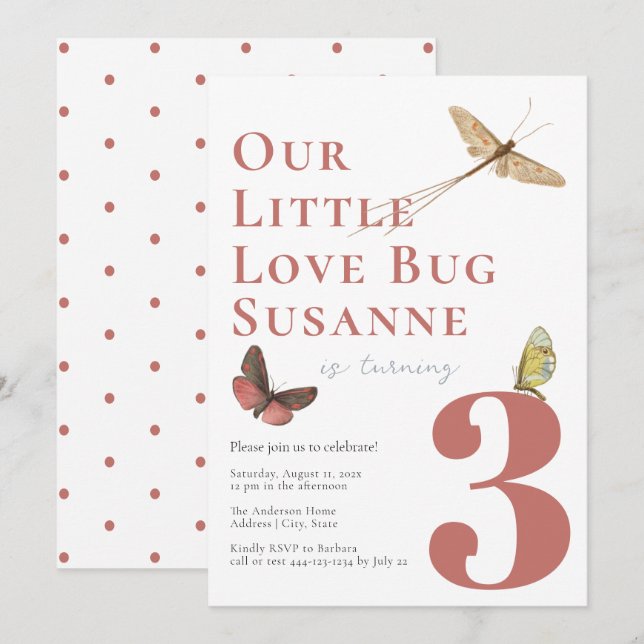 Convite Baby Girl Third Birthday Love Bug Invitation (Frente/Verso)