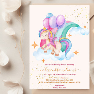 Convite Baby Girl Unicorn Dourado Chá de fraldas brilhante