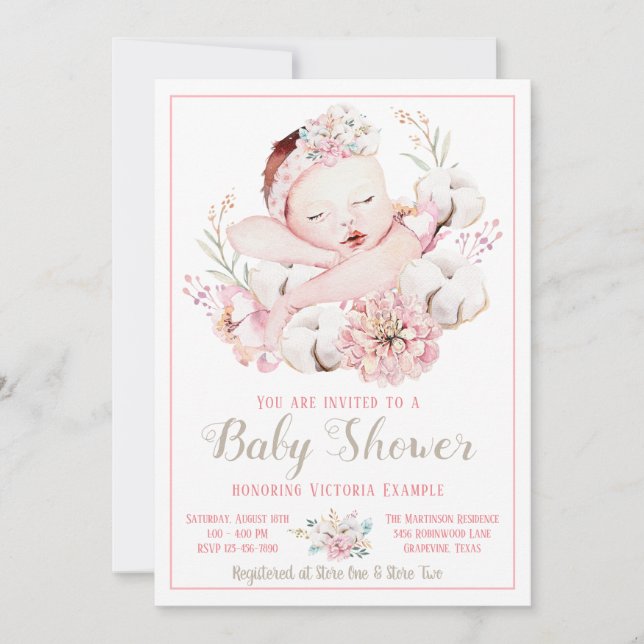 Convite Baby Girl Watercolor Baby Shower (Frente)